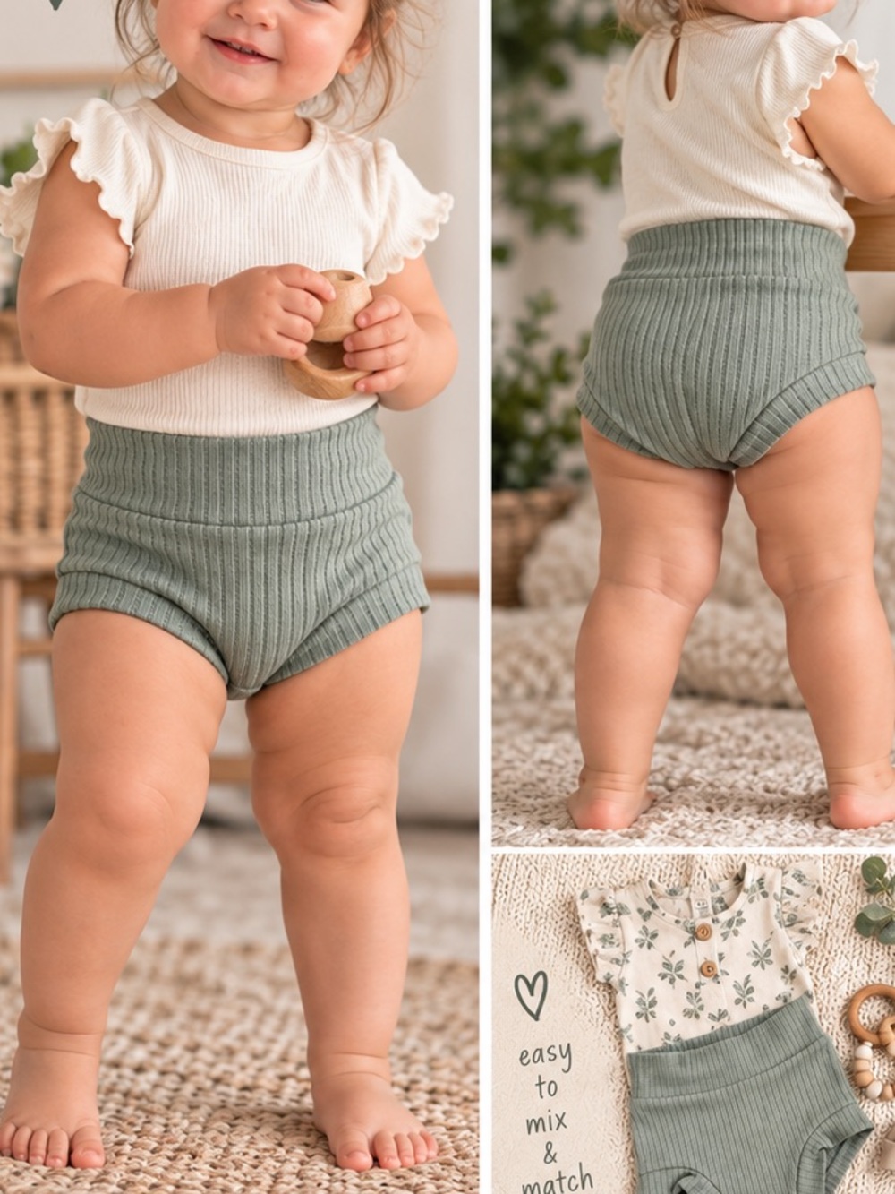 Baby bummies /shorts Ribbed Knit Baby Shorts in Light green 6-12, 12-18